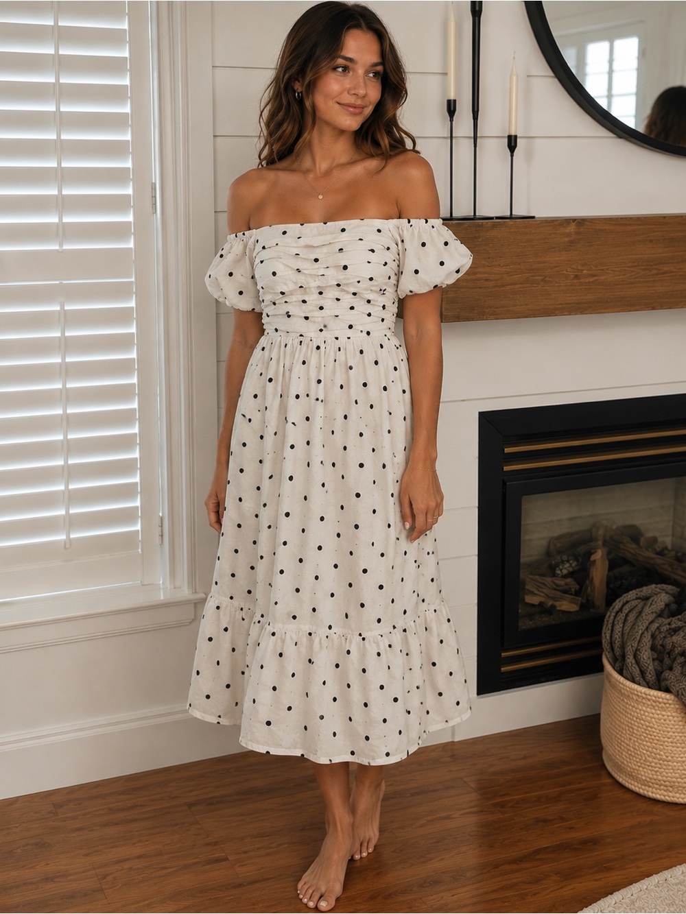 Jessica Simpson White Off-Shoulder Polka Dot Midi Dress